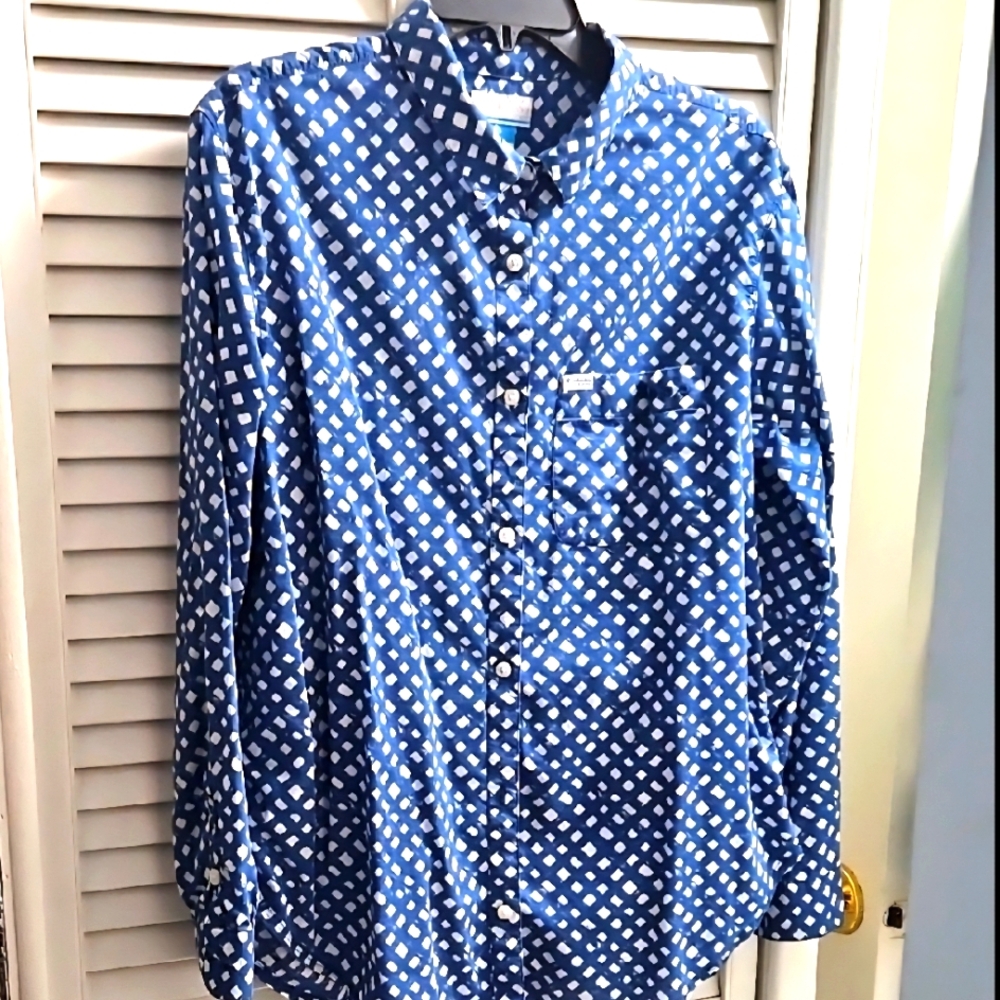 Blue and White Geometric Women's Button Down Shirt